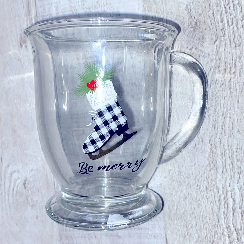 Be Merry glass Christmas mug Buffalo check ice skate